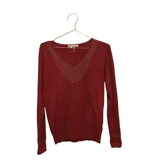 Sioni Sweaters - Liquid by Sioni burgundy studded jewel v neck wool blend sweater size small
